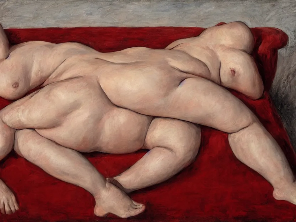 Prompt: Jenny Saville curvy female body on a red bed