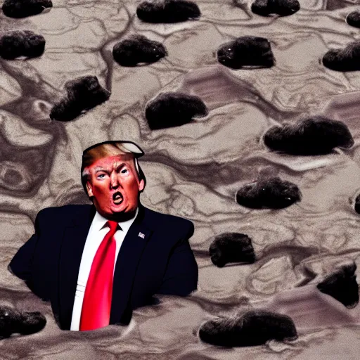 Prompt: extremely fat and angry donald trump, struggling in a tar pit, high quality photograph, extreme detail