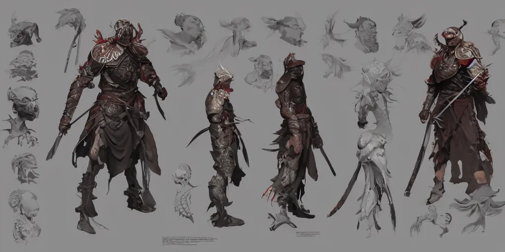 Image similar to bushido character design, character sheet, Moebius, Greg Rutkowski, Zabrocki, Karlkka, Jayison Devadas, Phuoc Quan, trending on Artstation, 8K, ultra wide angle, zenith view, pincushion lens effect