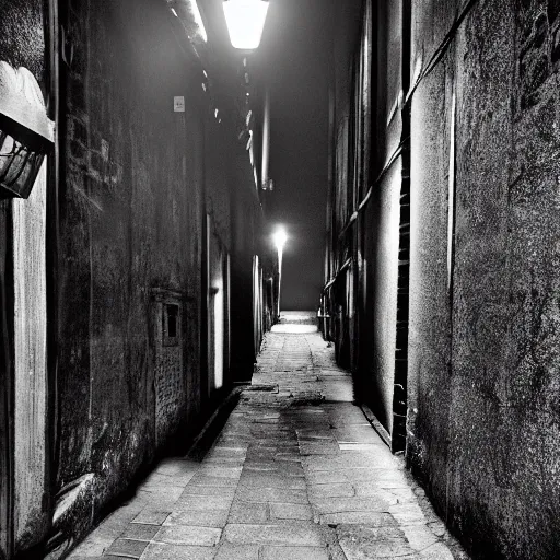 Prompt: dark alley, midnight, people without faces
