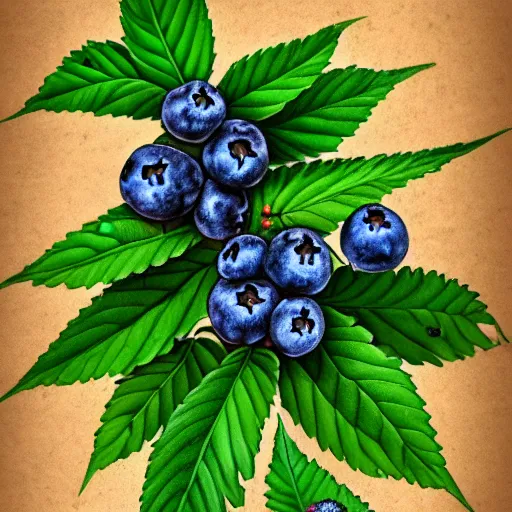 Image similar to botanical drawing of blueberry kush. Traditional art. Rustic. Nordic. 4K. Trending on artstation. Detailed Bushy. Nature. Artistic.