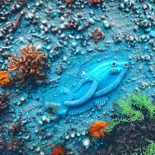 Image similar to alien fish swimming on the ocean bed, deep blue ocean color, some plant life, alien landscape