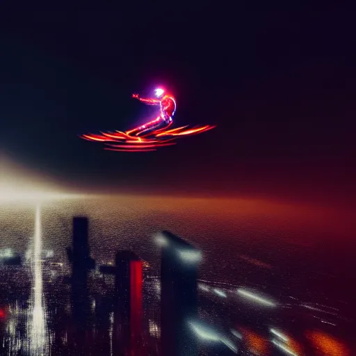 Image similar to a hyperdetailed photograph of iron man flying through the skies!!, cyberpunk, futuristic city, night, dense fog, rain, hd, 8 k resolution