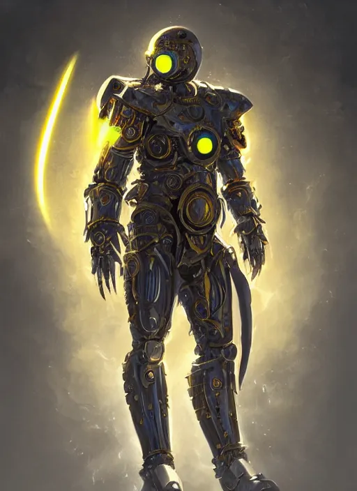 Image similar to dynamic attack position abstract portrait of a intricate glorious holy mechanical warforged character in yellow armor holding a paladin engraved great longsword drawn and carrying a big paladin shield, beam glowing eye , face in focus, epic , trending on ArtStation, masterpiece, cinematic lighting, by Ross Tran and by Greg Rutkowski