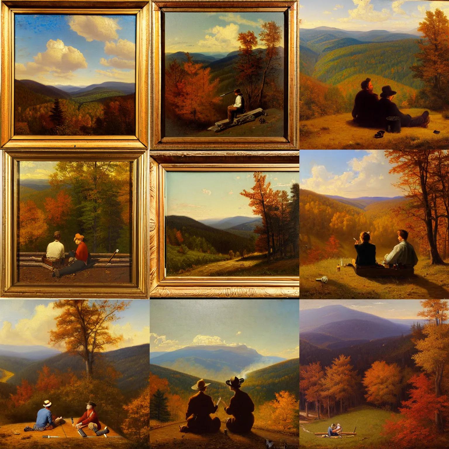 Prompt: a couple smoking cigarettes on a cabin roof, looking over the autumn west virginia wilderness, oil on canvas painting by william sydney mount