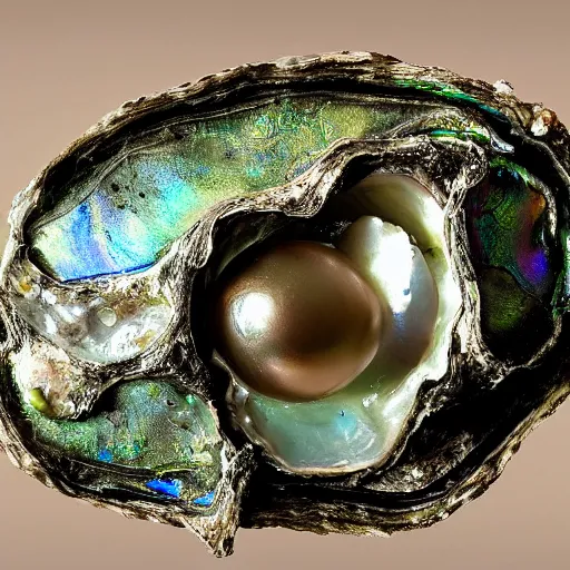 Image similar to a beautiful rendering of a dirty old corroded oyster with algae and barnacles growing on it, a glowing pure perfect iridescent pearl on the inside