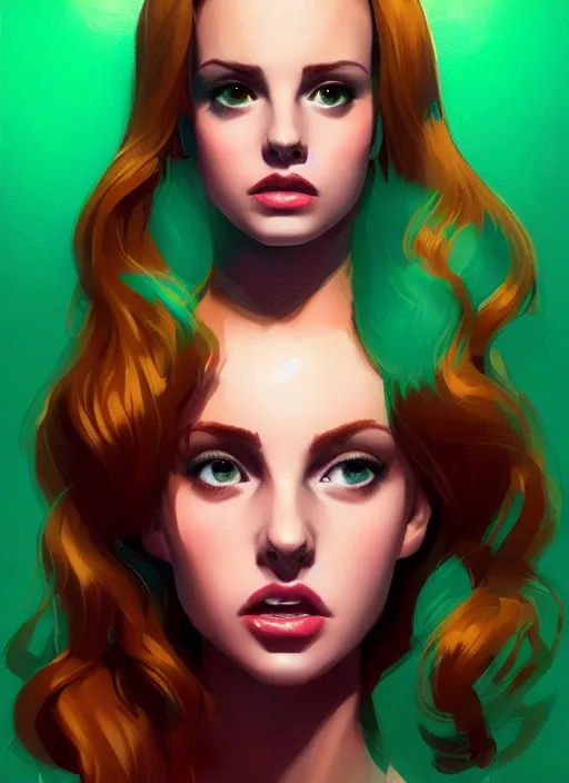 Image similar to full body portrait of teenage cheryl blossom, bangs, green eyes, mischievous expression, red hair, sultry smirk, bangs and wavy hair, intricate, elegant, glowing lights, highly detailed, digital painting, artstation, concept art, smooth, sharp focus, illustration, art by wlop, mars ravelo and greg rutkowski