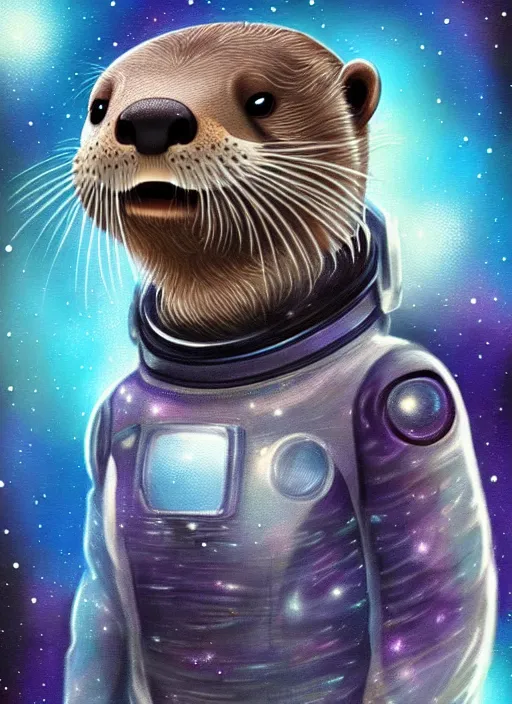 Prompt: a beautiful portrait of a cute otter in a space suit, galaxy, detailed, artstation