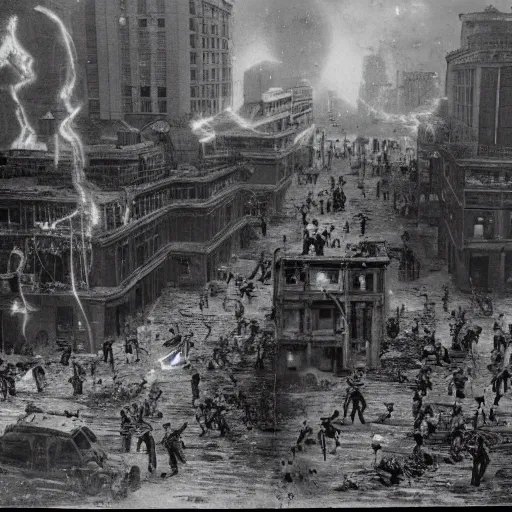 Prompt: grainy 1800s photo of a cybernetic warriors destroying buildings using energy balls in a smoky city