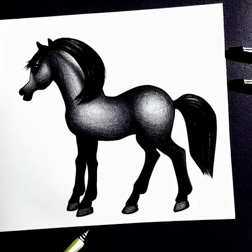 Image similar to fancy looking pony, drawn with a black 0. 3 mm fineliner on a white paper