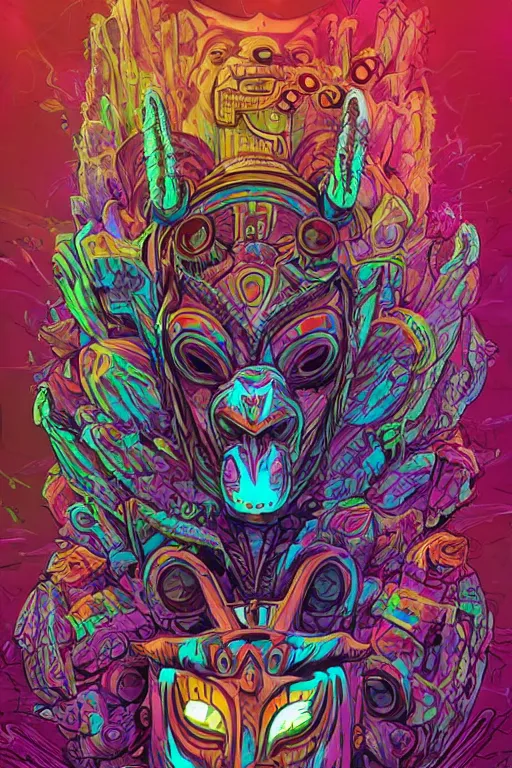 Image similar to totem animal tribal chaman vodoo mask feather gemstone plant video game illustration vivid color borderlands by josan gonzales and dan mumford radiating a glowing aura