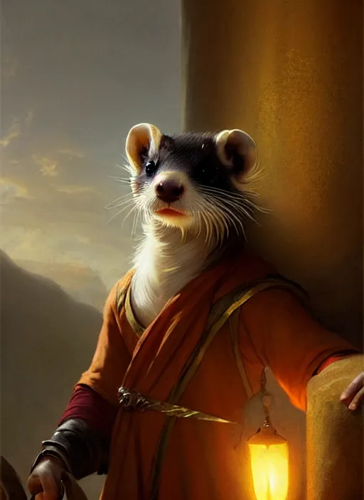 Image similar to a beautiful close - up shot from a fantasy film of an anthropomorphic ferret with bright golden eyes wearing a loose tunic. joseph ducreux, greg rutkowski.