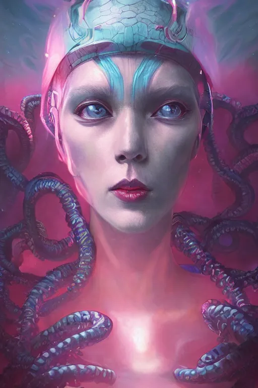 Image similar to digital portrait of an eloquent alien kraken queen, straight on, full body character concept art, concept art, by artgerm, tom bagshaw, gerald brom, vaporwave colors, lo fi colors, vaporwave, lo fi, 4 k, hd, rendered with substance designer, small details,