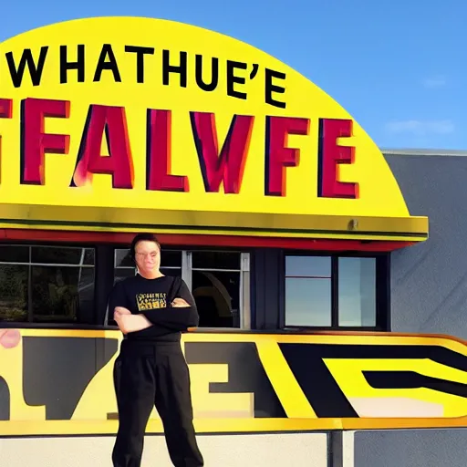 Image similar to wafflehouse employee's standing below wafflehouse sign, employees uniform is black and blue with yellow name tags