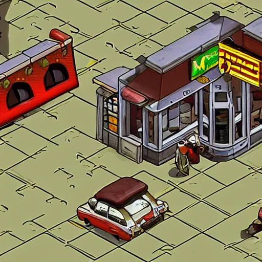 Prompt: Screenshot of McDonald restaurant in Fallout 2 (1998), isometric perspective, postapocalyptic, bird's eye view, high quality