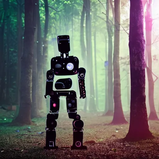 Prompt: A cyberpunk robot made of a cardboard box, crayon face, walking through the forest, dof, cinematic lighting, hyperrealistic, extremely detailed