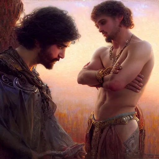 Image similar to attractive fully clothed king confesses his love for his attractive fully clothed male prince. highly detailed painting by gaston bussiere, tom bagshaw, craig mullins