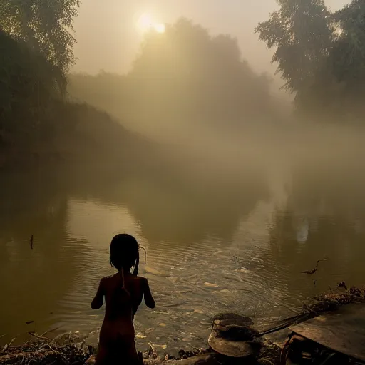 Prompt: award winning photo of a nepali village girl, bathing in a river, early morning, foggy, sunlight