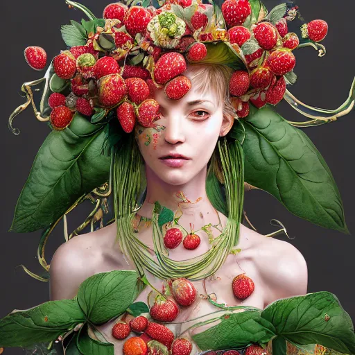 Image similar to the portrait of an absurdly beautiful, graceful, elegant, sophisticated perky woman made of strawberries and green petals, an ultrafine hyperdetailed illustration by kim jung gi, irakli nadar, intricate linework, bright colors, octopath traveler, final fantasy, unreal engine 5 highly rendered, global illumination, radiant light, detailed and intricate environment