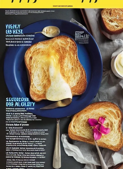 Image similar to tubby toast featured in a culinary magazine, professional photo, with text, featured article