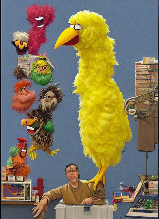 Image similar to Big Bird from Sesame Street in Society (1989), highly detailed, centered, solid color background, digital painting, artstation, concept art, smooth, sharp focus, illustration, Jason Edmiston, donato giancola, Joseph Christian Leyendecker, Les Edwards, Ed Repka, WLOP, Artgerm