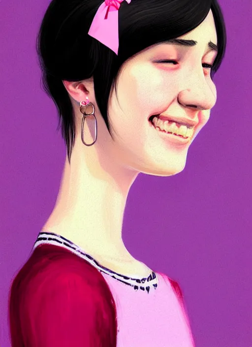 Image similar to portrait of high school girl, realistic, black hair, bangs, half updo hairstyle, pointy nose, skinny, smile, ugly, defined jawline, big chin, pink hair bow, earrings, intricate, elegant, glowing lights, highly detailed, digital painting, artstation, sharp focus, illustration, art by wlop, mars ravelo and greg rutkowski