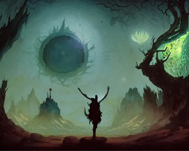 Image similar to a druid standing in a circle at the beginning of the world by greg rutkowski and frank frazetta and peter mohrbacher and william blake and dan mumford