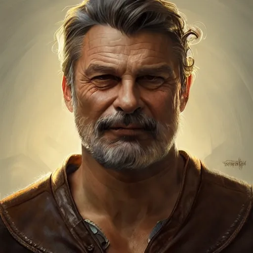 Prompt: portrait of a ruggedly handsome viktor orban, soft hair, muscular, half body, leather, hairy, d & d, fantasy, intricate, elegant, highly detailed, digital painting, artstation, concept art, smooth, sharp focus, illustration, art by artgerm and greg rutkowski and alphonse mucha