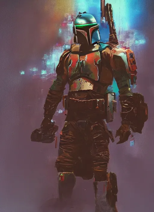 Prompt: cyberpunk x boba fett, digital art, character mashup, epic volumetric lighting, combination art