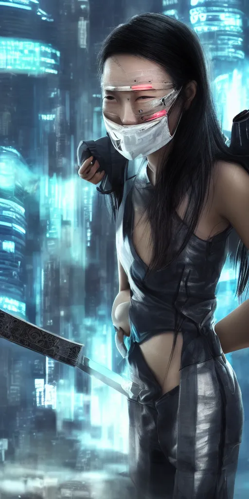 Prompt: Asian cyberpunk young woman wearing a face mask and wielding a sword, photorealistic, hyperdetailed