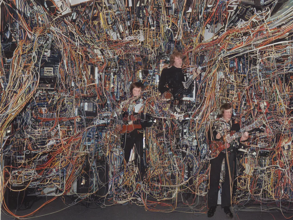 Image similar to 1980s photograph of a man made of electric guitars, wires and 80s modular synthesizers