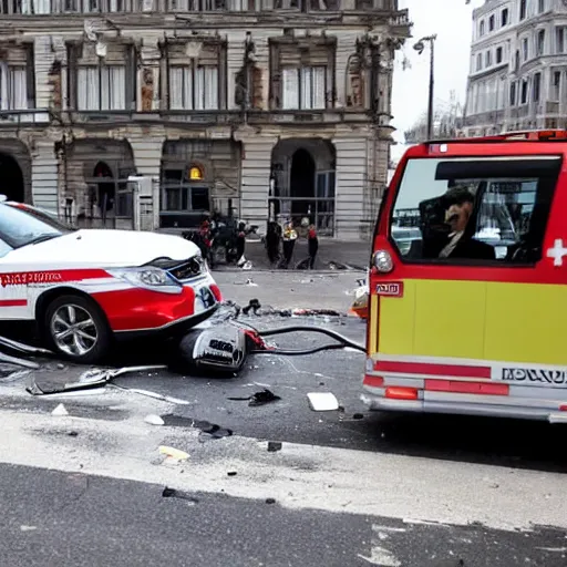 Prompt: a convertible car hit by an ambulance with the flashing light on at an intersection in a european city