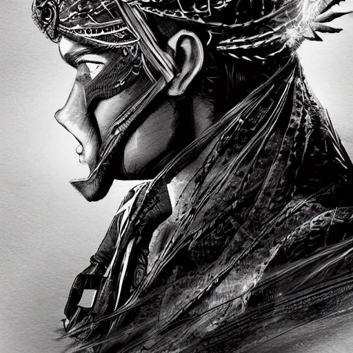 Image similar to an illustration for a new video game, by square enix, about a hero who fights for his nation, the depiction of a very beautiful face, wearing a turban and also a black horse, his clothes are very desert patterned, and also symmetrical, perfect shape, and also very detailed, this illustration is drawn by yoshitaka amano