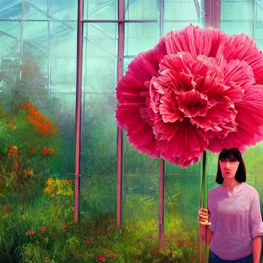 Image similar to giant carnation flower head, woman standing in greenhouse, surreal photography, dramatic light, impressionist painting, digital painting, artstation, simon stalenhag