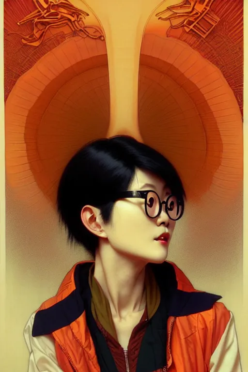 Prompt: thin japanese woman with short black hair, thick round spectacles, wearing a bright orange bomber jacket, seductive communist dark fantasy, art by artgerm and karol bak and moebius and alphonse mucha and greg rutkowski, hyperdetailed, ultrarealistic, octane render