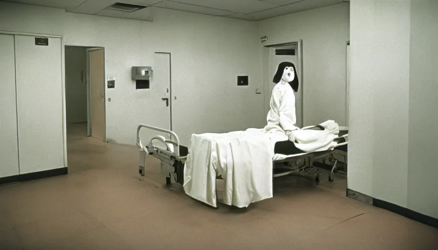 Prompt: 60s movie still of a white japanese female phantom bloody in an empty hospital with light yellow walls, eastmancolor, heavy grain, high quality, higly detailed, liminal space