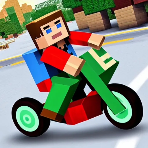 Prompt: Steve from Minecraft riding a red motorcycle in the street , ultra realistic photo, real