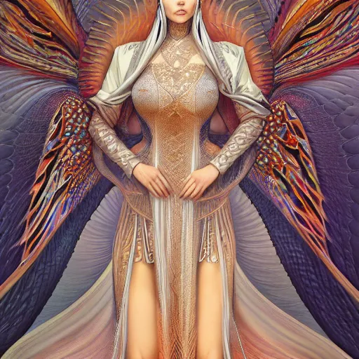 Image similar to a beautiful symmetrical plus size woman full body wearing algerian kaftan with translucent wings by alex gray and android jones , Karol Bak, Ayami Kojima, Amano , concept art, character design, fantasy,3D, 8k resolution