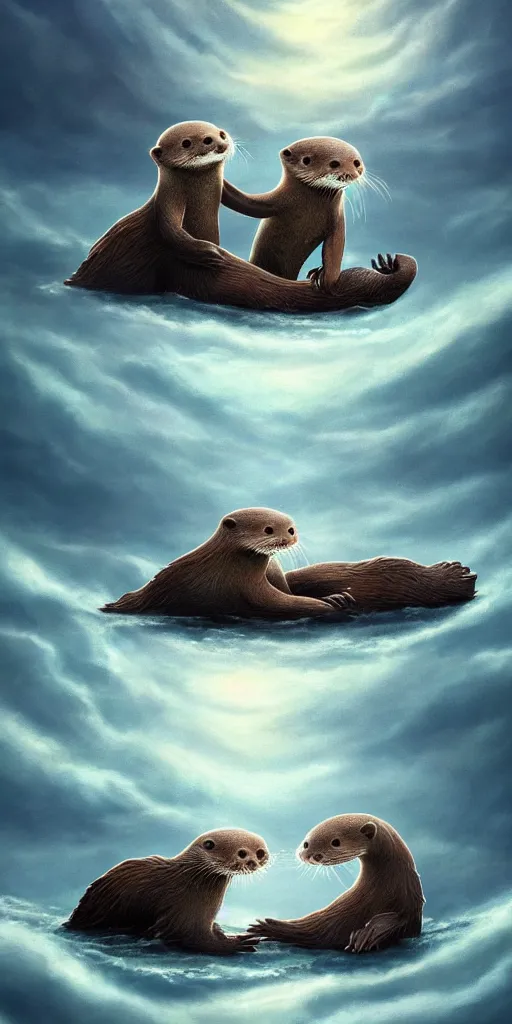 Image similar to adorable otter falling in love holding hands side by side, all alone in the middle of a scary storm at sea, fantasy illustration, cinematic, award winning, romantic, detailed trending on artstation, masterpiece