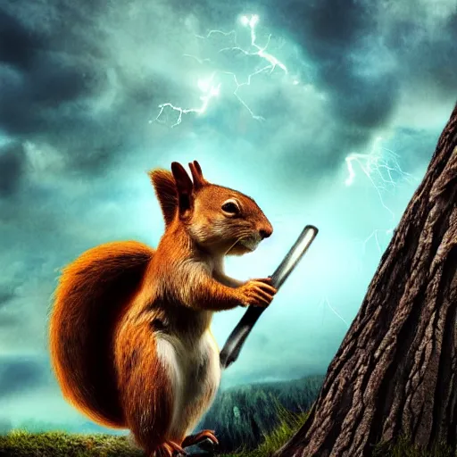 Image similar to the squirrel thor ~ holding his hammer ~ dramatic thunder background ~ fighting scene ~