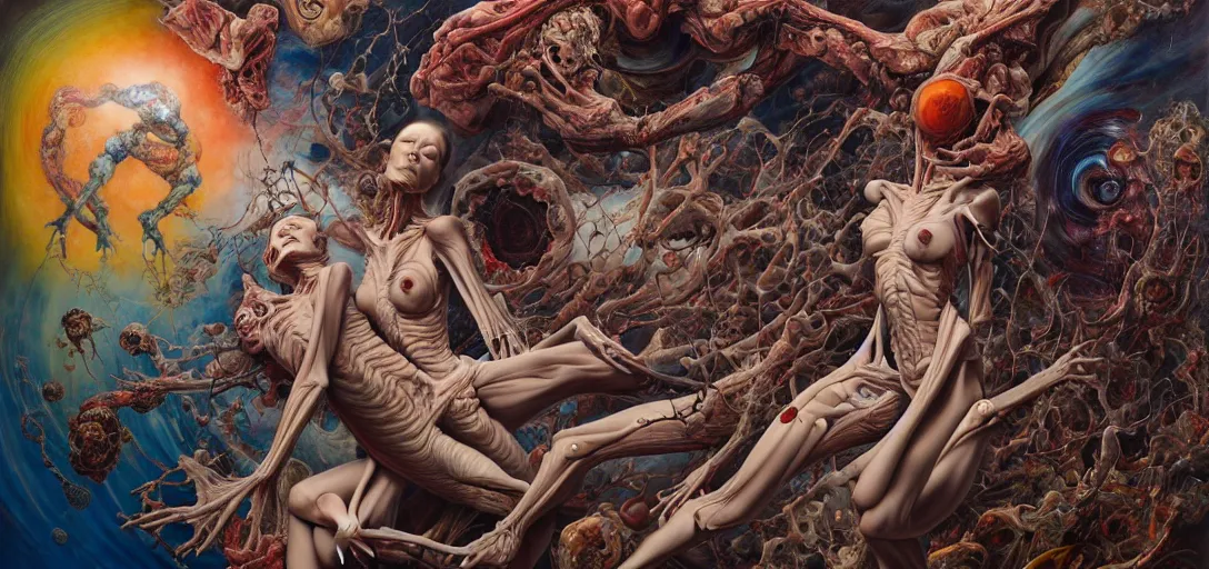 Image similar to fleshy anatomical figures with extra limbs, hovering in the air, zero gravity, neurons firing, rich colours, karol bak, mark brooks, hauntingly surreal, highly detailed painting by katsuhiro otomo, part by james jean, part by adrian ghenie, part by gerhard richter, soft light 4 k