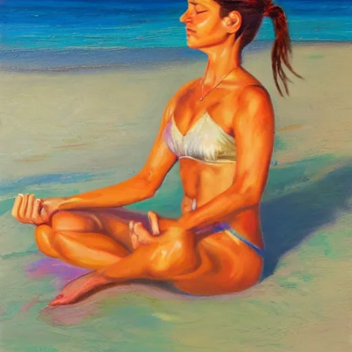 Prompt: freckled woman meditating on beach in caribbean, high detailed, clear, oil on canvas