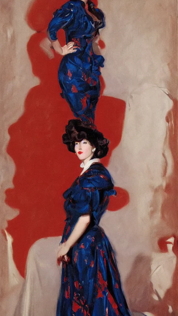 Image similar to portrait of rebekah delrio in lynch pattern dress and red ros on hair, blue and red lights painted by john singer sargent