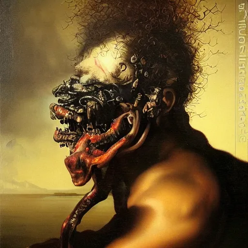 Image similar to refined gorgeous blended oil painting with black background by christian rex van minnen rachel ruysch dali todd schorr of a chiaroscuro portrait of an extremely bizarre disturbing mutated man with shiny skin acne intense chiaroscuro cast shadows obscuring features dramatic lighting perfect composition masterpiece