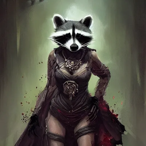 Prompt: A raccoon priestess with bloody eyes by greg rutkowski in the style of magic the gathering