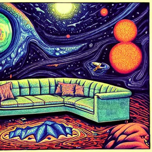 Image similar to psychedelic trippy couch in space, planets, milky way, sofa, cartoon by rob gonsalves and gustav dore