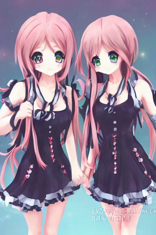 Image similar to two beautiful female idols with twintails standing chest to chest, dark background, soft anime art