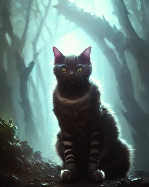 Image similar to oil painting of Cat, Anthropomorphized, casting dark spell, sharp focus, heroic pose, fantasy style, octane render, volumetric lighting, 8k high definition, by greg rutkowski, highly detailed, trending on art Station, magic the gathering artwork, Woodland background, centered