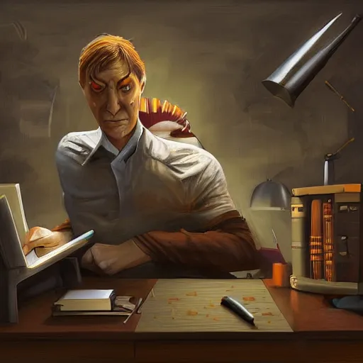 Image similar to a life-like photographic fantasy art raptorial composition of hawk office worker bird-man at computer desk facial portraiture, bird-man is lying on the desk with a baleful eye regarding the computer screen, tired, in stunning digital paint, trending fantasy art by Michael Whelan