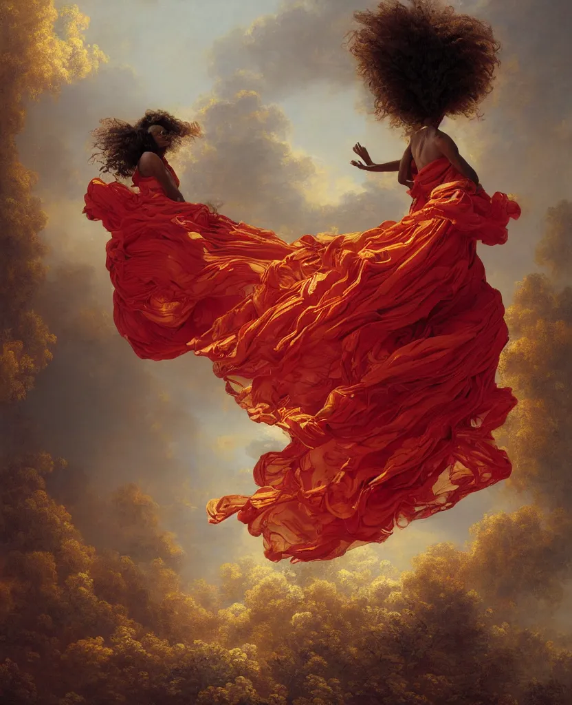 Prompt: a brown skinned queen with long dark curly hair and a red dress, windy, golden ribbons, stars, stoic, modern maximalist fashion dress, hyperdetailed, dramatic, epic painting, painted by jean honore fragonard and greg rutkowski, full body, octane render, sharpness, 8 k, golden ratio